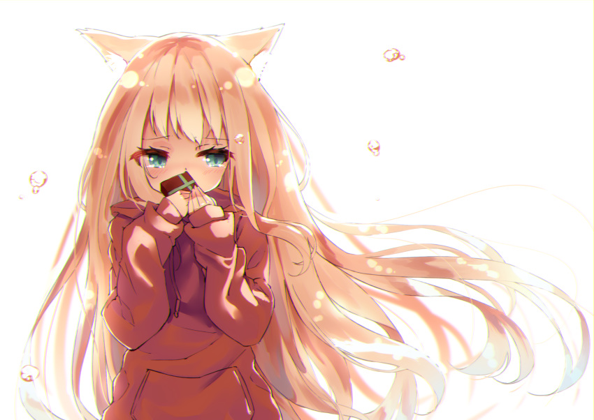1girl absurdres animal_ear_fluff animal_ears bangs blonde_hair blush box commentary_request drawstring eyebrows_visible_through_hair floating_hair gift gift_box green_eyes hamaru_(s5625t) highres holding holding_gift hood hood_down hoodie long_hair long_sleeves original red_hoodie simple_background sleeves_past_wrists solo tears upper_body very_long_hair white_background