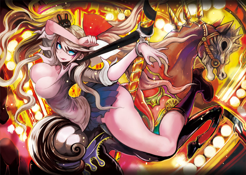 airi2 ass blonde_hair blue_eyes breasts carousel cleavage cuffs danganronpa enoshima_junko female hair_ornament handcuffs horse large_breasts long_nails looking_at_viewer no_panties pleated_skirt red_nails ribbon riding scarf skirt solo tongue twintails