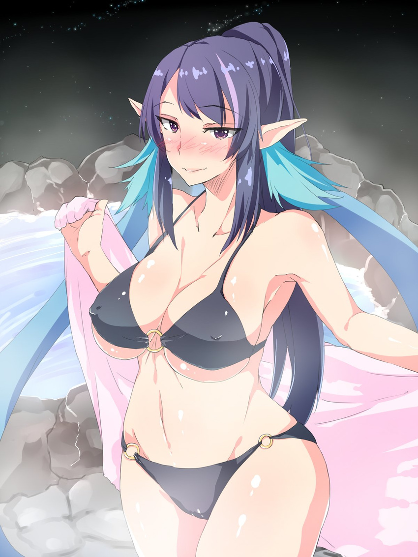 armpits bare_shoulders bikini black_bikini blush breasts cleavage closed_mouth collarbone cowboy_shot curvy feathered_wings groin half-closed_eyes head_wings highres holding judith large_breasts lips long_hair midriff navel night night_sky nose_blush o-ring o-ring_bikini o-ring_bottom o-ring_top onsen orange_(moekibarasensei) outdoors pointy_ears ponytail purple_eyes purple_hair rock sidelocks sky smile solo standing star_(sky) starry_sky stomach stone_floor swimsuit tales_of_(series) tales_of_vesperia towel tsurime underboob very_long_hair water wings