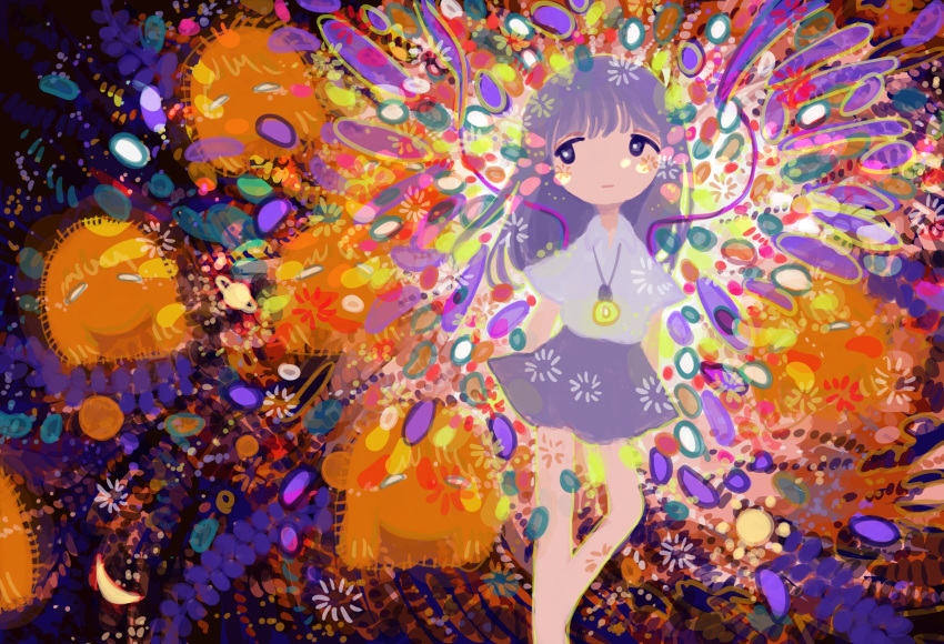 1girl abstract absurdres bangs collared_shirt colorful disembodied_head feet_out_of_frame glowing half-closed_eyes highres jewelry long_hair necklace no_nose original planet purple_hair saturn shirt short_sleeves sizucomaru skirt white_shirt