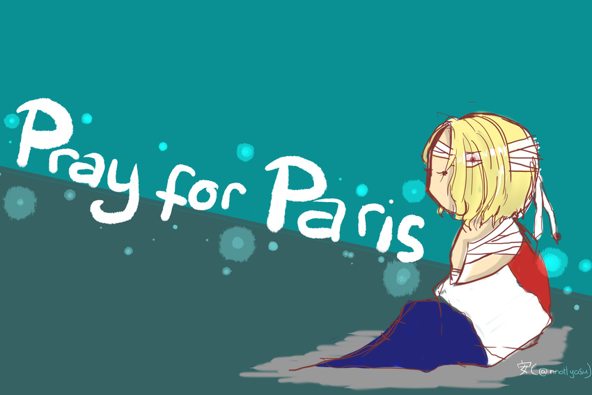 1boy absurdres artist_request axis_powers_hetalia bandage blonde_hair blood deep_wound english flag france france_(hetalia) french_flag highres injury paris personification sitting solo twitter_username wounded