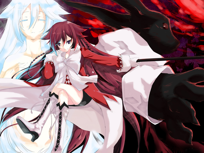 alice_(pandora_hearts) bad_id bad_pixiv_id blue_hair boots braid bunny closed_eyes crossed_legs dual_persona foreshortening gloves gyaku_tsubasa legs long_hair long_sleeves multiple_girls nude pandora_hearts red_hair ribbon sitting skirt smile twin_braids will_of_the_abyss