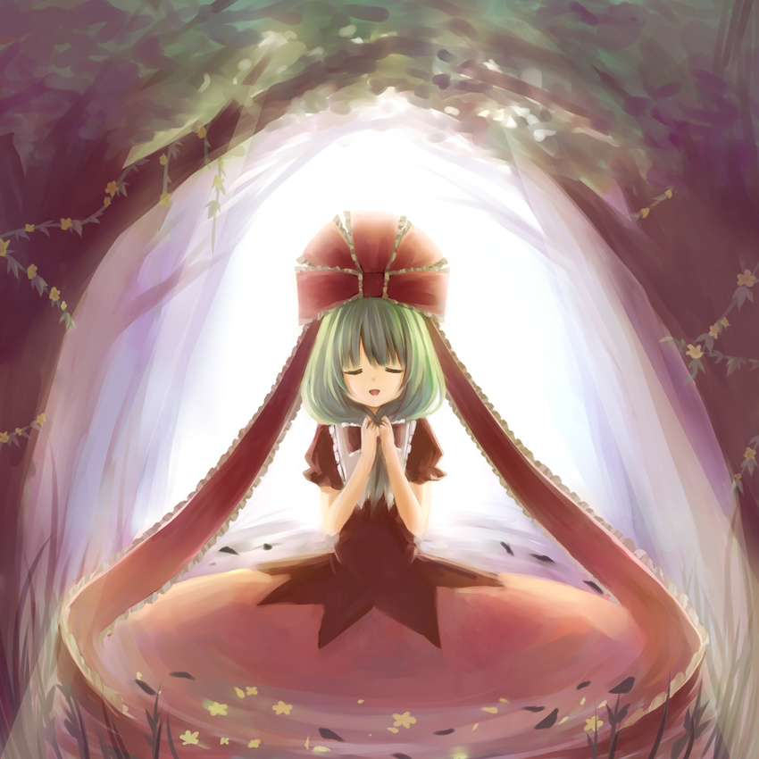 amane_kurumi backlighting bad_id bad_pixiv_id bangs closed_eyes dress forest front_ponytail green_hair hair_ribbon highres kagiyama_hina long_hair nature ribbon solo touhou