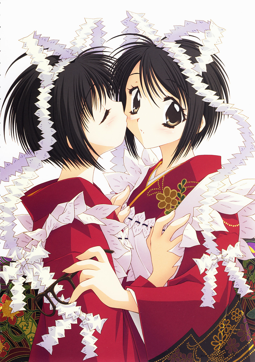 :o apron black_hair blush brown_eyes closed_eyes copyright_request from_side glasses hair_ribbon highres holding holding_eyewear japanese_clothes kadoi_aya kimono kiss lace multiple_girls profile ribbon scan scan_artifacts short_hair simple_background upper_body white_background white_ribbon