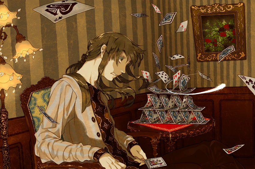 bad_id bad_pixiv_id brown brown_hair card chair crystal falling_card flower holding holding_card house_of_cards lamp long_hair long_sleeves lying_card magic male_focus original painting_(object) pekomi playing_card ponytail rose sitting solo surprised table victorian