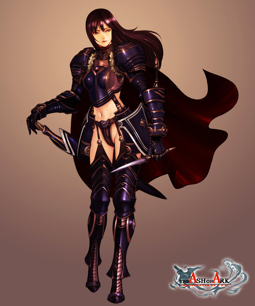 armor boots brown_hair cape green_eyes gyworz highres knife lips midriff navel solo sword the_ash_of_ark thigh_boots thighhighs weapon wind