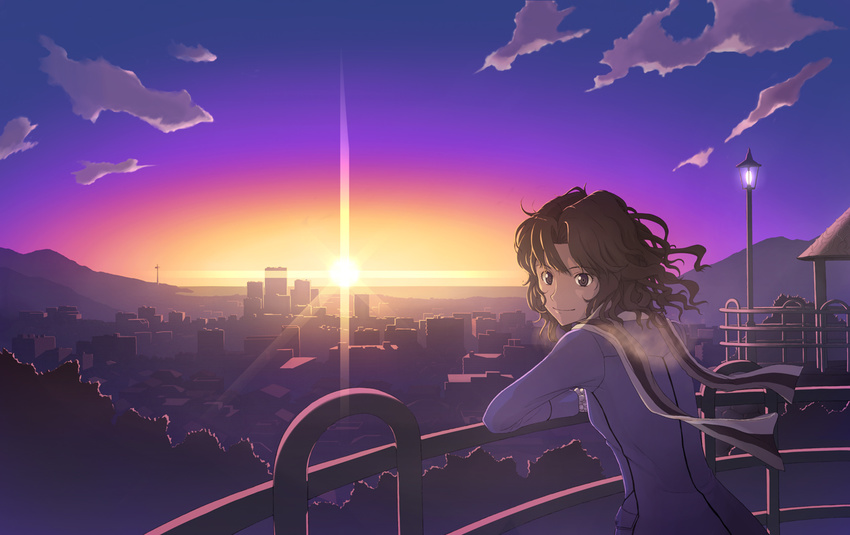 amagami breath city cloud gebo looking_at_viewer looking_back scarf sky smile solo sunset tanamachi_kaoru