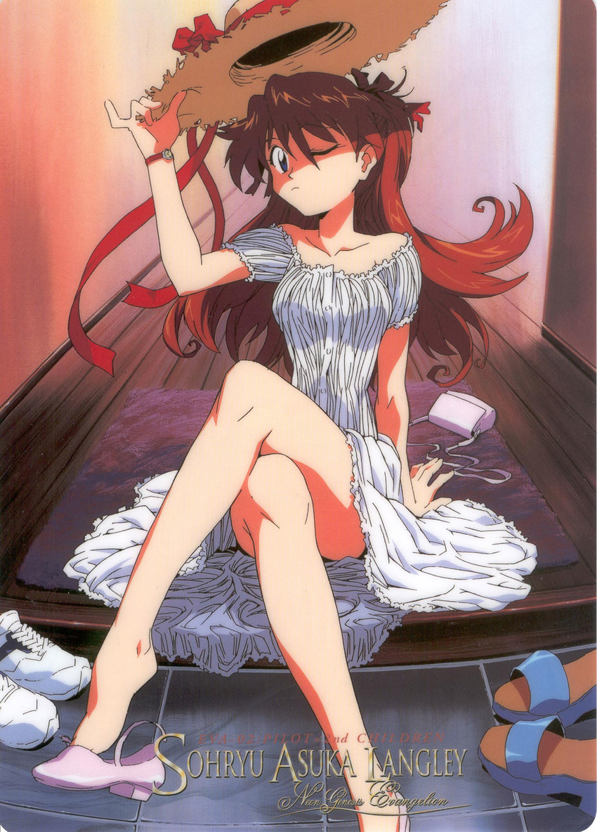 90s artist_request bag blue_eyes crossed_legs dress handbag hat hat_tip highres legs long_hair neon_genesis_evangelion one_eye_closed red_hair shoe_dangle sitting solo souryuu_asuka_langley straw_hat watch white_dress wristwatch