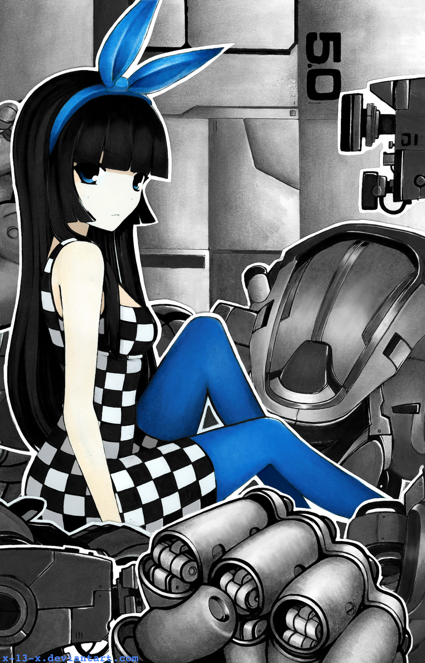 bad_deviantart_id bad_id bangs black_hair blue_eyes blue_legwear blunt_bangs bow checkered dress hairband highres long_hair marker_(medium) original pale_skin pantyhose robot solo traditional_media x-13-x