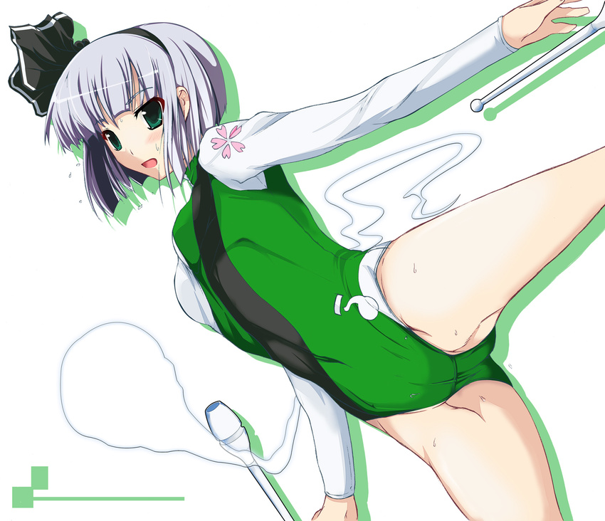 alternate_costume bangs black_hairband blunt_bangs bob_cut flat_chest ganmo green_eyes green_leotard gymnast_leotard gymnastics hairband highres juggling_club konpaku_youmu konpaku_youmu_(ghost) leotard rhythmic_gymnastics short_hair silver_hair solo spread_legs sweat touhou