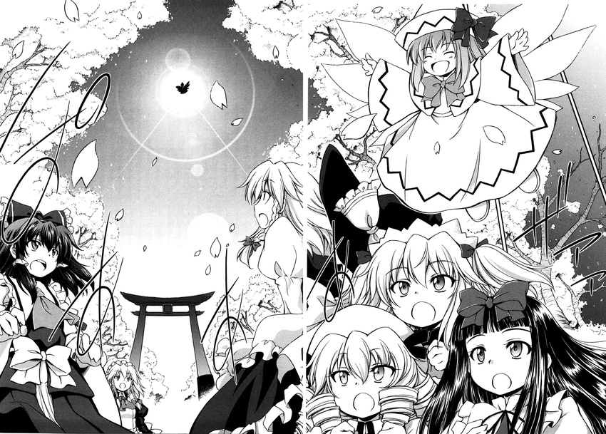 bow comic detached_sleeves drill_hair greyscale hair_bow hakurei_reimu highres hirasaka_makoto izayoi_sakuya kirisame_marisa lily_white long_hair luna_child maid monochrome multiple_girls petals ribbon silent_comic smile spring_(season) star_sapphire sunny_milk torii touhou touhou_sangetsusei twintails