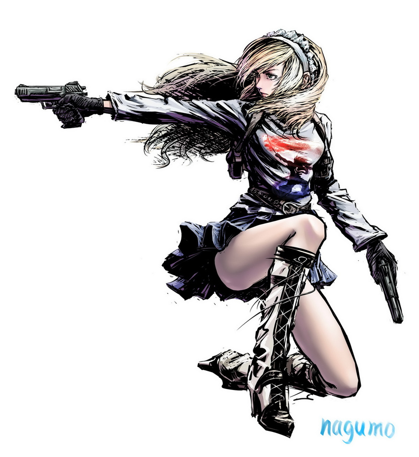 blonde_hair boots dual_wielding end_of_eternity gloves gun hairband handgun highres holding long_hair nagumo_(qmzp10) one_knee pistol reanbell solo weapon