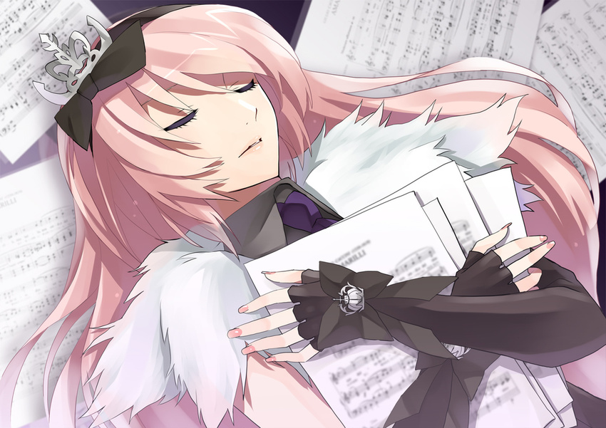 2_sing_4_u_(vocaloid) bad_id bad_pixiv_id bass_clef beamed_eighth_notes bow closed_eyes eighth_note fingerless_gloves gloves hair_bow hair_ornament hair_ribbon hijiki_(hijikini) long_hair lying megurine_luka musical_note nail_polish on_back pink_hair pink_nails quarter_note ribbon sheet_music solo treble_clef vocaloid