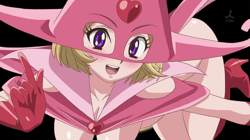 1girl blonde_hair breasts dororon_enma-kun enbi-chan hat heart no_bra out-of-frame_censoring screencap underboob witch_hat