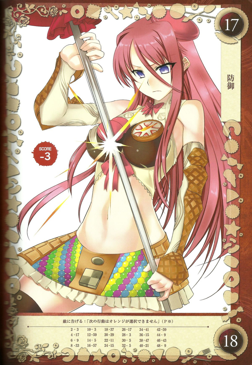 blue_eyes breasts candy chocolate food gretel_(queen's_blade) gretel_(queen's_blade) halter_top halterneck ice_cream_cone kantaka large_breasts lollipop long_hair midriff navel pink_hair queen's_blade queen's_blade_grimoire queen's_blade queen's_blade_grimoire shirt skirt sleeveless sleeveless_shirt sweets wafer zettai_ryouiki