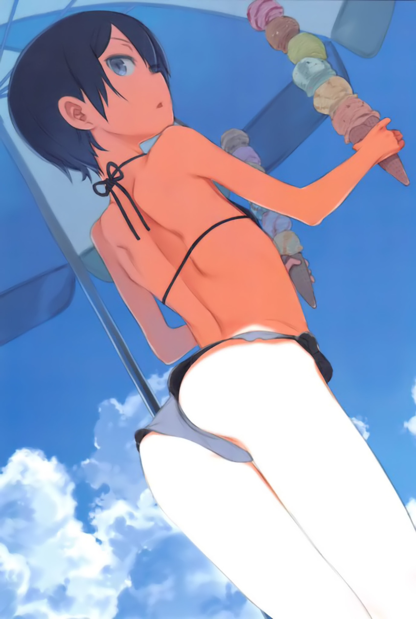 ass blue_eyes cloud clouds flat_chest food ice_cream kino kino_no_tabi kuroboshi_kouhaku looking_at_viewer looking_back parasol short_hair shoulder_blades sky solo string_bikini