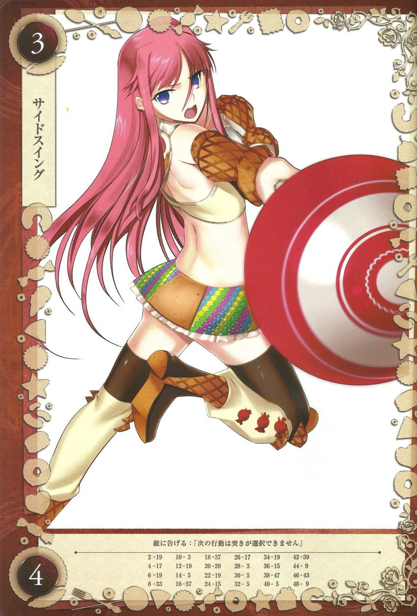 back blue_eyes boots breasts candy chocolate food gretel_(queen's_blade) gretel_(queen's_blade) halter_top halterneck ice_cream_cone kantaka large_breasts lollipop long_hair midriff pink_hair queen's_blade queen's_blade_grimoire queen's_blade queen's_blade_grimoire shirt skirt sleeveless sleeveless_shirt sweets thighhighs wafer zettai_ryouiki