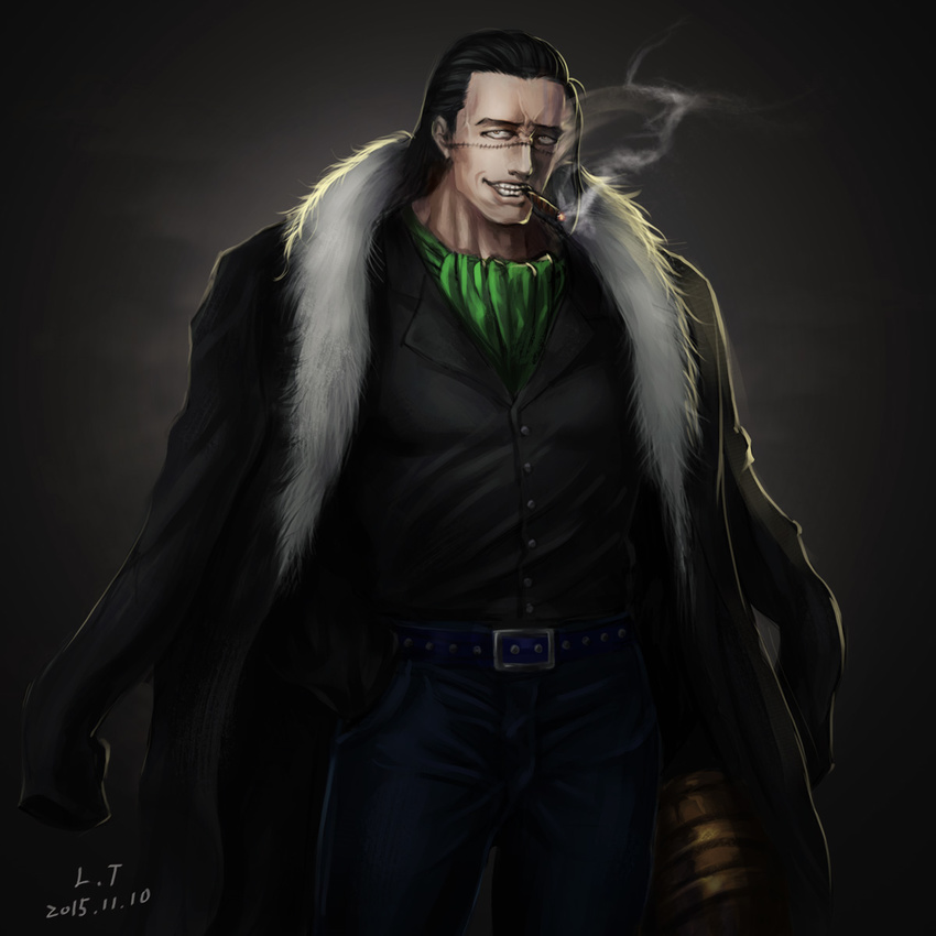 1boy black_hair cigarette hook jacket lt male_focus one_piece short_hair sir_crocodile smoke solo stitches