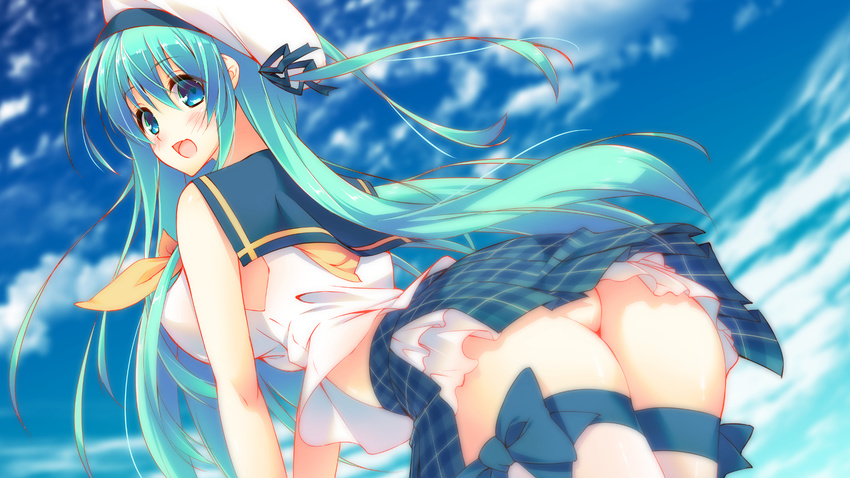 1girl ass blue_eyes blue_hair breasts female from_behind hat highres large_breasts leaning_forward long_hair looking_back miniskirt mutsuno_hekisa no_panties open_mouth original outdoors school_uniform skirt sky solo standing thighhighs upskirt very_long_hair