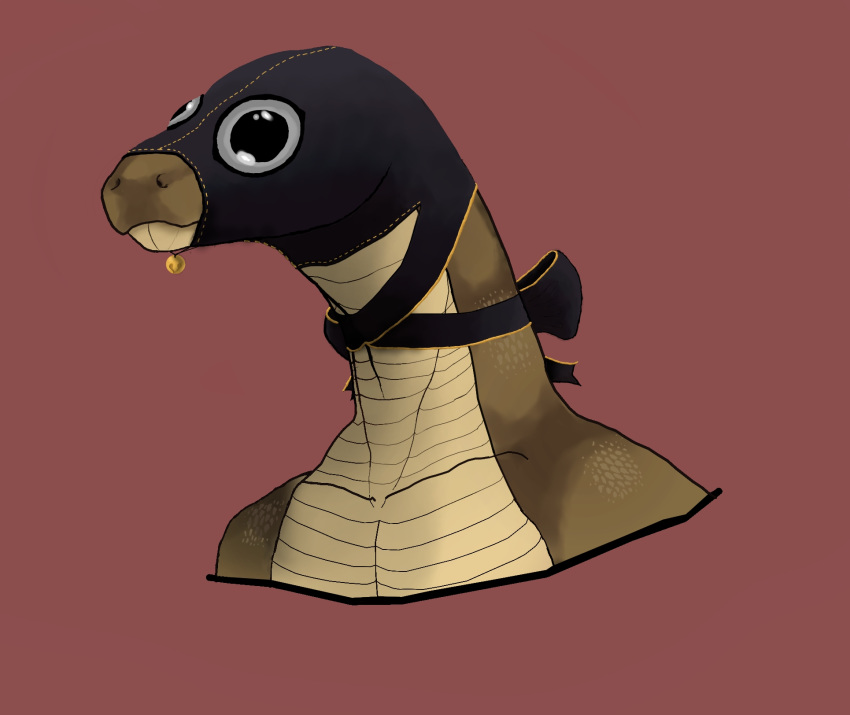 bell belly_scales big_eyes blindfold boa_constrictor brown_scales bust_portrait furgonomics googly_eyes hi_res hood humor leather long_neck mask portrait red_background reptile ribbons rivek scales scalie sensory_deprivation simple_background snake solo tan_scales