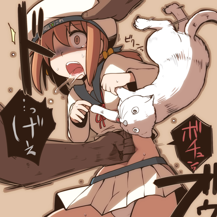 1girl cat error_musume girl_holding_a_cat_(kantai_collection) hat highres kantai_collection midriff nns_(sobchan) open_mouth pain panties punching skirt tears underwear white_panties