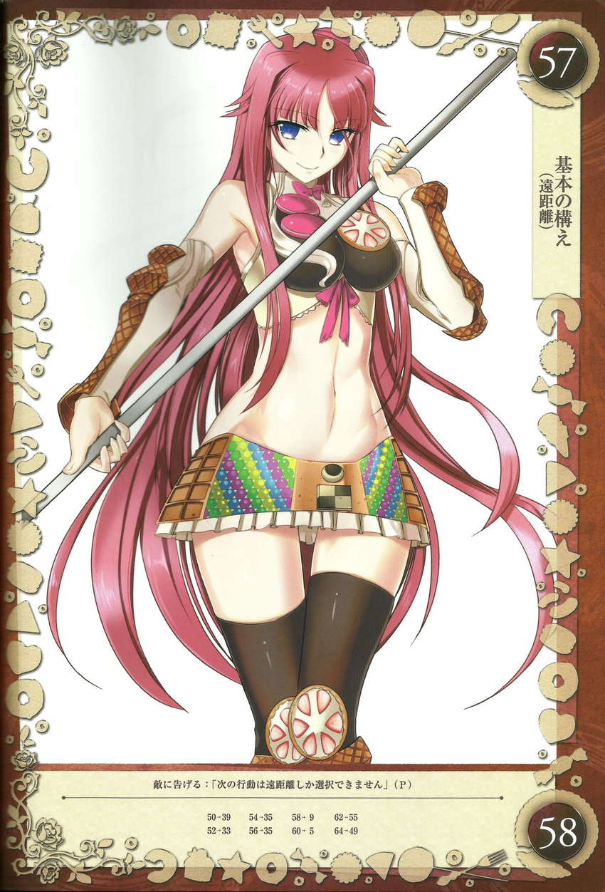 blue_eyes breasts candy chocolate food gretel_(queen's_blade) gretel_(queen's_blade) halter_top halterneck ice_cream_cone kantaka large_breasts lollipop long_hair midriff navel pink_hair queen's_blade queen's_blade_grimoire queen's_blade queen's_blade_grimoire shirt skirt sleeveless sleeveless_shirt smile sweets thighhighs wafer zettai_ryouiki