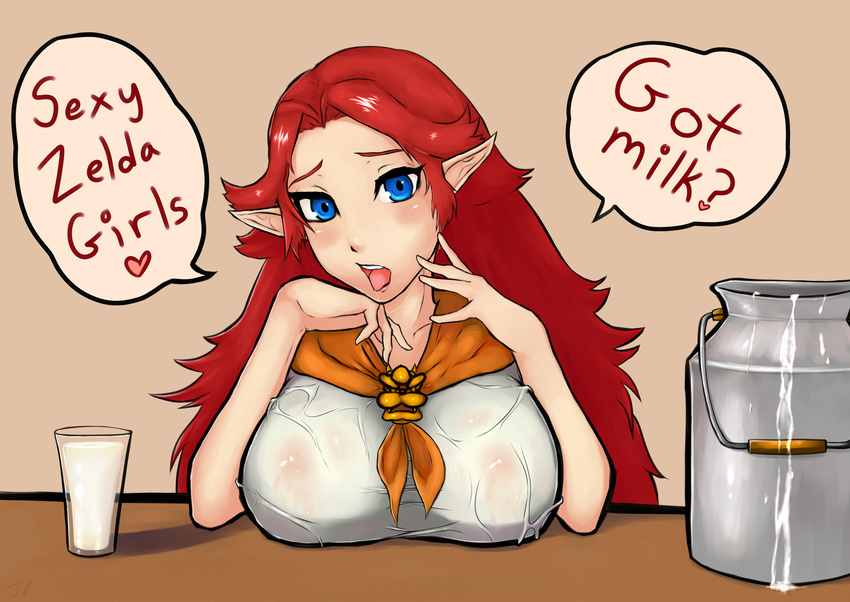 1girl artist_request blue_eyes breasts erect_nipples female large_breasts long_hair looking_at_viewer malon milk pointy_ears red_hair saliva solo the_legend_of_zelda the_legend_of_zelda:_ocarina_of_time tongue_out wet