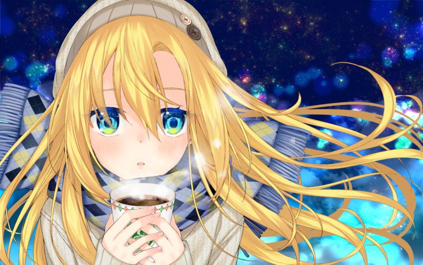 blonde_hair blue_eyes drink hanata hat long_hair rachel_gardner satsuriku_no_tenshi scarf