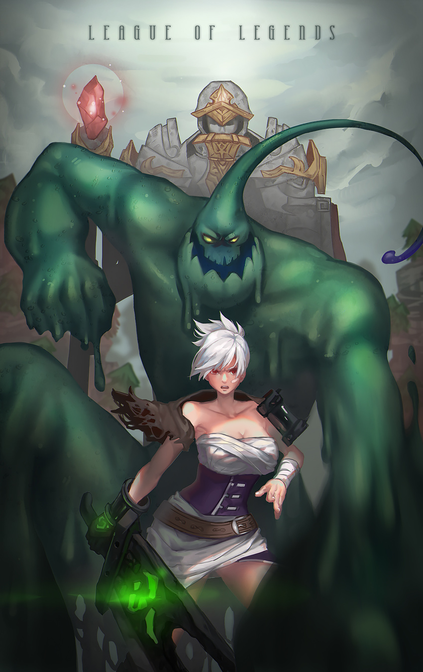 absurdres bare_shoulders breasts cleavage glowing glowing_weapon goo_guy highres large_breasts league_of_legends lengyou looking_at_viewer monster_boy open_mouth red_eyes riven_(league_of_legends) silver_hair sword wrist_wraps zac