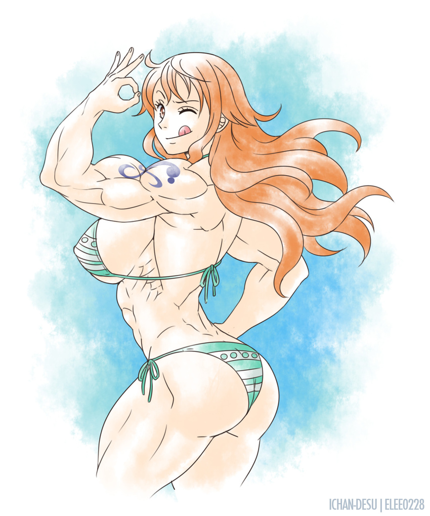 1girl :q artist_name ass back bangs biceps bikini blue_eyes elee0228 female flexing from_behind ichan-desu long_hair looking_at_viewer looking_back muscle nami_(one_piece) one_eye_closed one_piece orange_eyes orange_hair pose rear_view solo swimsuit tattoo tongue tongue_out wink