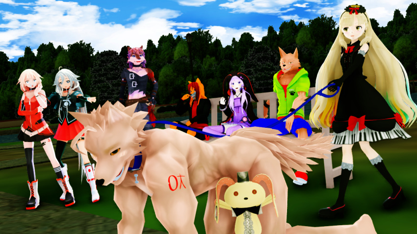 3d_(artwork) anthro blush canid canine canis clothed clothing collar digital_media_(artwork) dodger_akame doll dress female hair ia_(vocaloid) leash male malicekira mammal mayu_(vocaloid) muscular muscular_male nude one_(vocaloid) open_mouth park petplay plushie pointing purple_hair roleplay smile sou_notamine uta utau vocaloid wolf won_hoyurine yukari_yuzuki