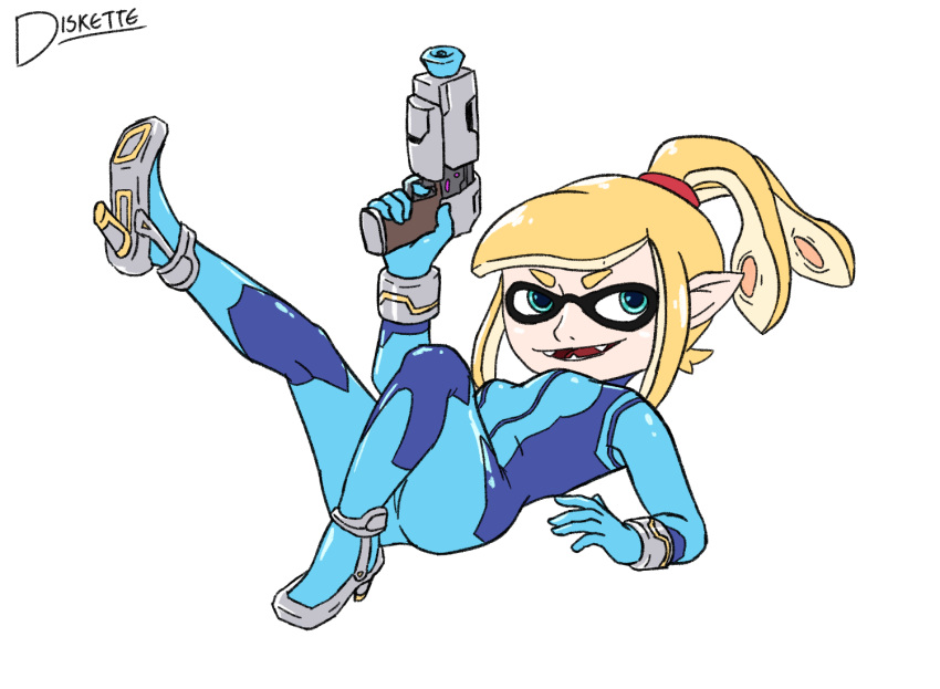 2019 5_fingers animal_humanoid blonde_hair blue_eyes breasts cephalopod cephalopod_humanoid clothing crossover diskette_(artist) female footwear grin gun hair hi_res high_heels humanoid inkling lying marine marine_humanoid metroid mollusk mollusk_humanoid nintendo on_back pointy_ears ponytail pose raised_leg ranged_weapon samus_aran shoes simple_background smile solo splatoon video_games weapon white_background zero_suit