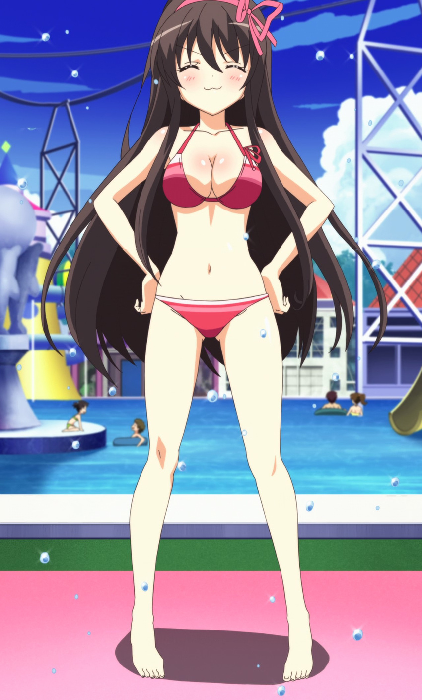 1girl barefoot bikini black_hair breasts cleavage hairband legs long_hair ore_no_nounai_sentakushi_ga_gakuen_love-comedy_wo_senryoku_de_jama_shiteru pool solo swimsuit water yuuouji_ouka