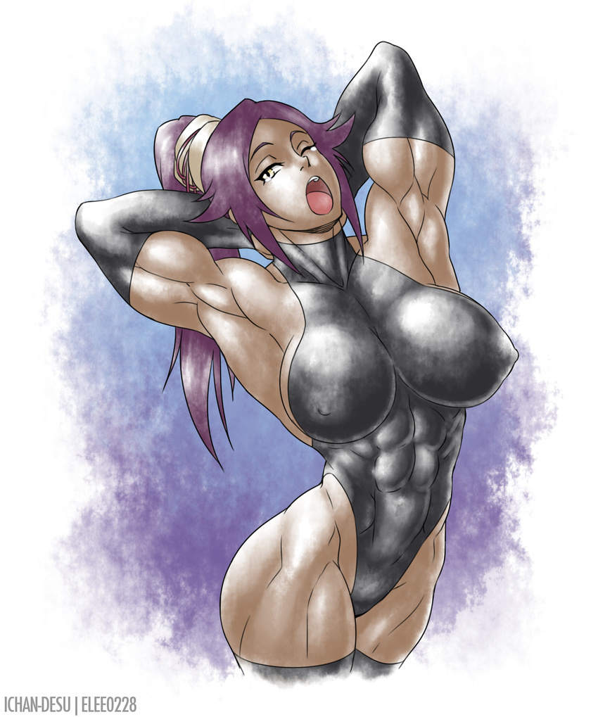 1girl abs biceps bleach dark_skin elee0228 erect_nipples female ichan-desu long_hair muscle ponytail purple_hair shihouin_yoruichi wink yellow_eyes