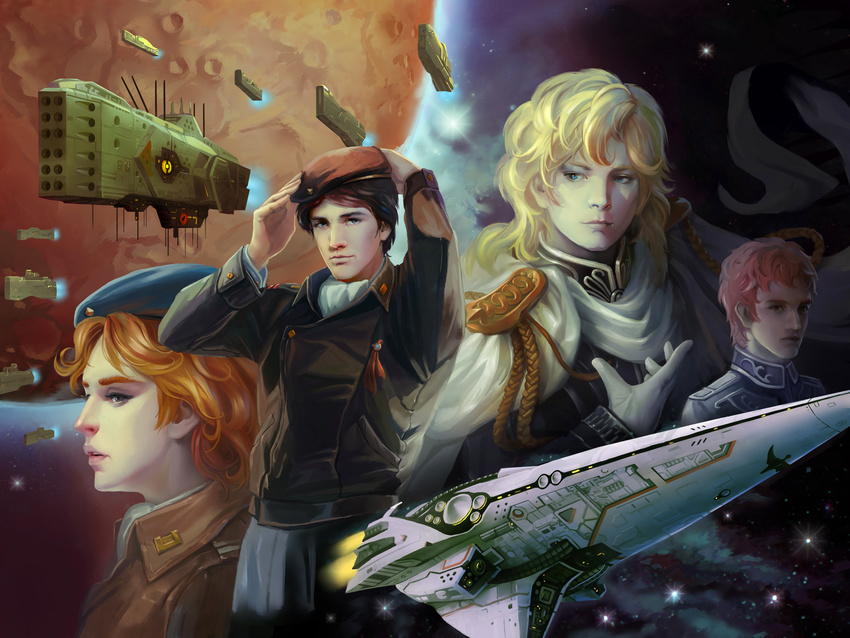 black_hair blonde_hair bruenhild_(gin'eiden) frederica_greenhill ginga_eiyuu_densetsu hat highres hyperion_(gin'eiden) m4a1tuhao military military_uniform realistic red_hair reinhard_von_lohengramm siegfried_kircheis space space_craft uniform yang_wen-li