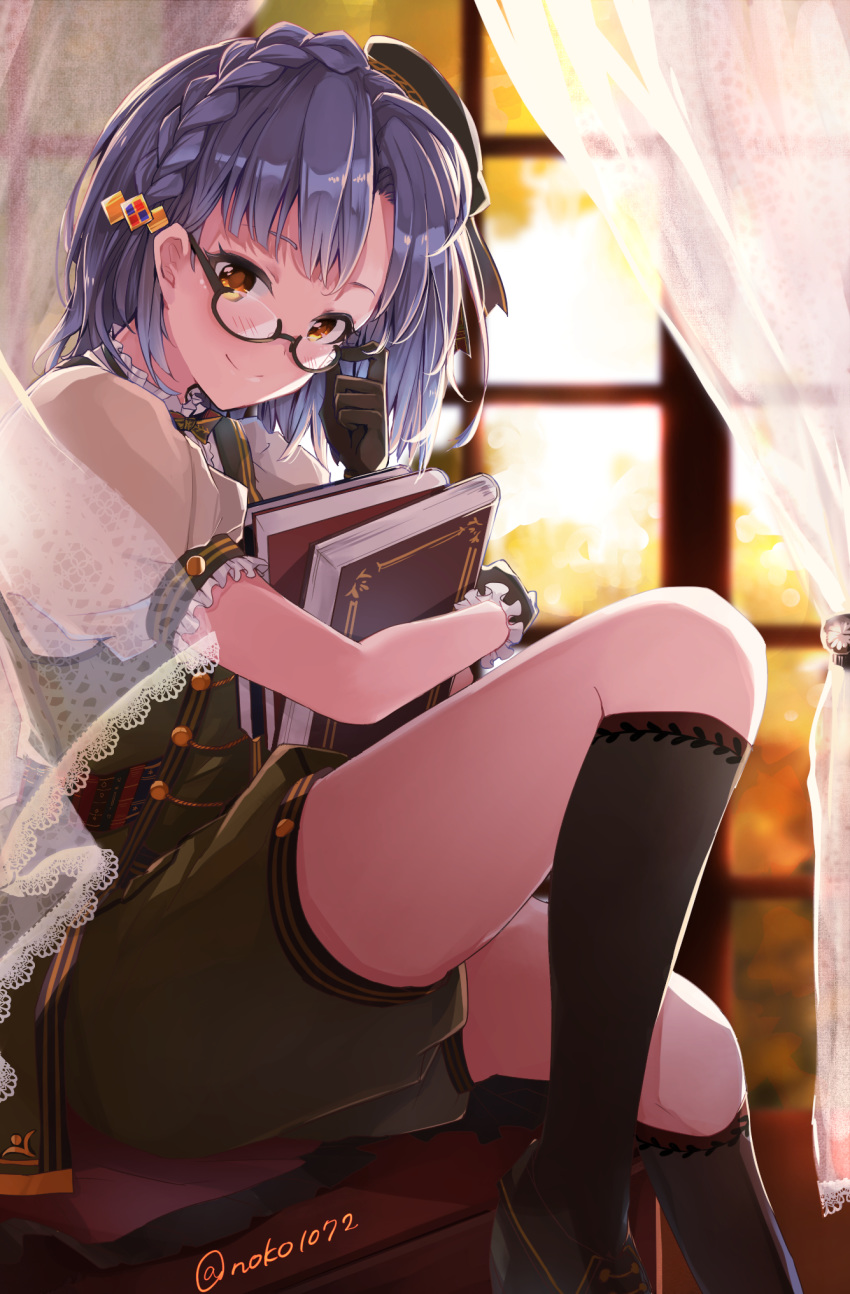 1girl adjusting_eyewear bangs beret black-framed_eyewear black_gloves black_legwear blue_hair blurry blurry_background blush book braid closed_mouth commentary_request curtains depth_of_field dress gloves hair_ornament hat highres holding holding_book idolmaster idolmaster_million_live! idolmaster_million_live!_theater_days indoors kneehighs looking_at_viewer nanao_yuriko noko_(noko1886) semi-rimless_eyewear short_hair sitting smile solo twitter_username under-rim_eyewear window yellow_eyes