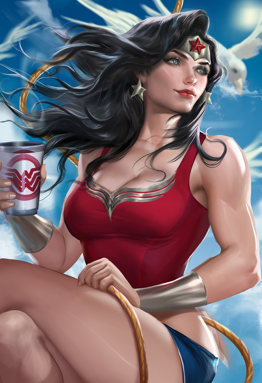 1girl bare_shoulders black_hair blue_eyes blue_sky bracelet breasts casual cup dc_comics earrings female jewelry large_breasts lips long_hair realistic sakimichan sky solo superhero tiara wonder_woman wonder_woman_(series)