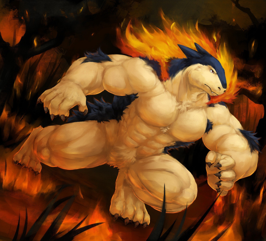 2019 4_toes 5_fingers abs anthro biceps big_muscles blue_fur cinna-tree claws detailed_backround fangs fire fur hair hi_res hunch male muscular muscular_male nintendo pecs pok&eacute;mon pok&eacute;mon_(species) pose red_eyes solo solo_focus toe_claws toes typhlosion video_games wildfire yellow_fur