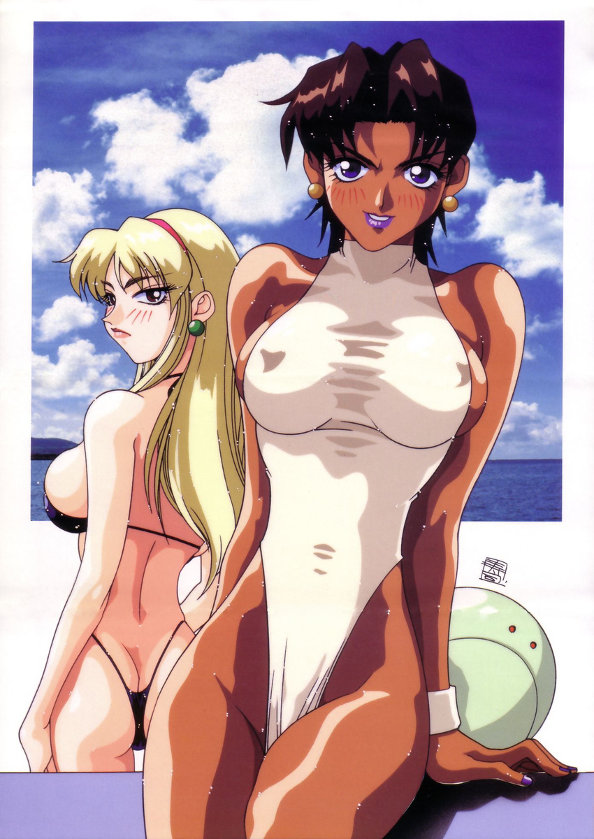 2girls artist_request bare_shoulders beach bikini blonde_hair blue_eyes blush breasts brown_eyes brown_hair dark_skin erect_nipples gundam katejina_loos lipstick long_hair looking_at_viewer makeup marbet_fingerhat multiple_girls parted_lips short_hair sideboob swimsuit victory_gundam wet wristband