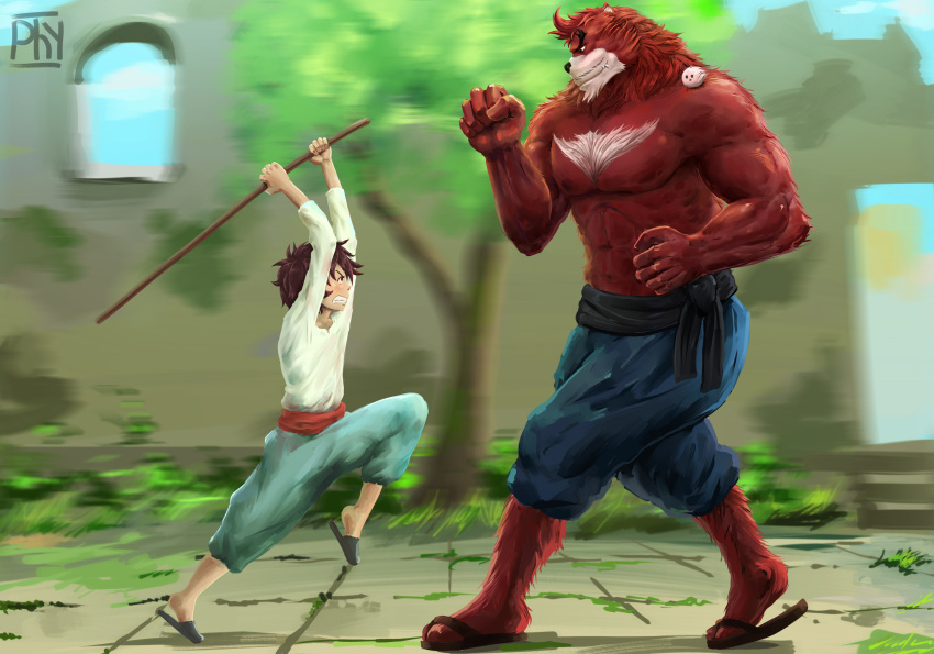 2018 age_difference anthro biceps brown_fur clothed clothing digital_media_(artwork) fur hi_res human kumatetsu kyuta male mammal muscular muscular_male physen size_difference the_boy_and_the_beast ursid