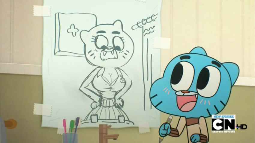 anthro bathroom big_breasts blue_fur blush breasts cartoon_network cleavage clothed clothing domestic_cat felid feline felis female fur gumball_watterson male mammal mature_female nicole_watterson open_mouth the_amazing_world_of_gumball tight_clothing unknown_artist young