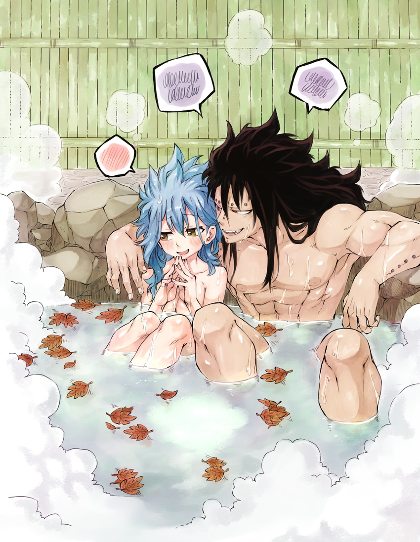 1boy 1girl abs black_hair blue_hair blush breasts couple fairy_tail gajeel_redfox leaf levy_mcgarden nude onsen partially_submerged piercing rusky spiked_hair steam water wet wet_hair