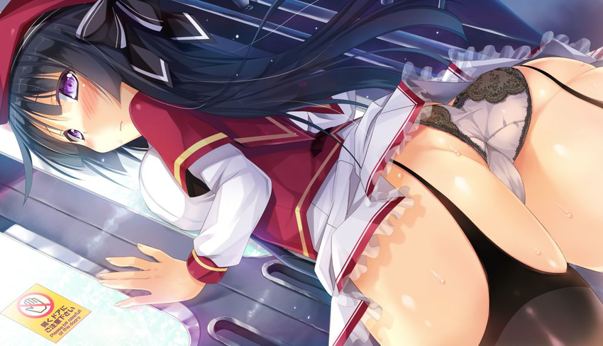 1girl ashishun ass black_hair blush breast_press breasts character_request game_cg garter_belt hair_ribbon hat long_hair marmalade marmalade_(company) panties primal_x_hearts purple_eyes ribbon skirt solo sweat thighhighs tsukiyono_usagi underwear