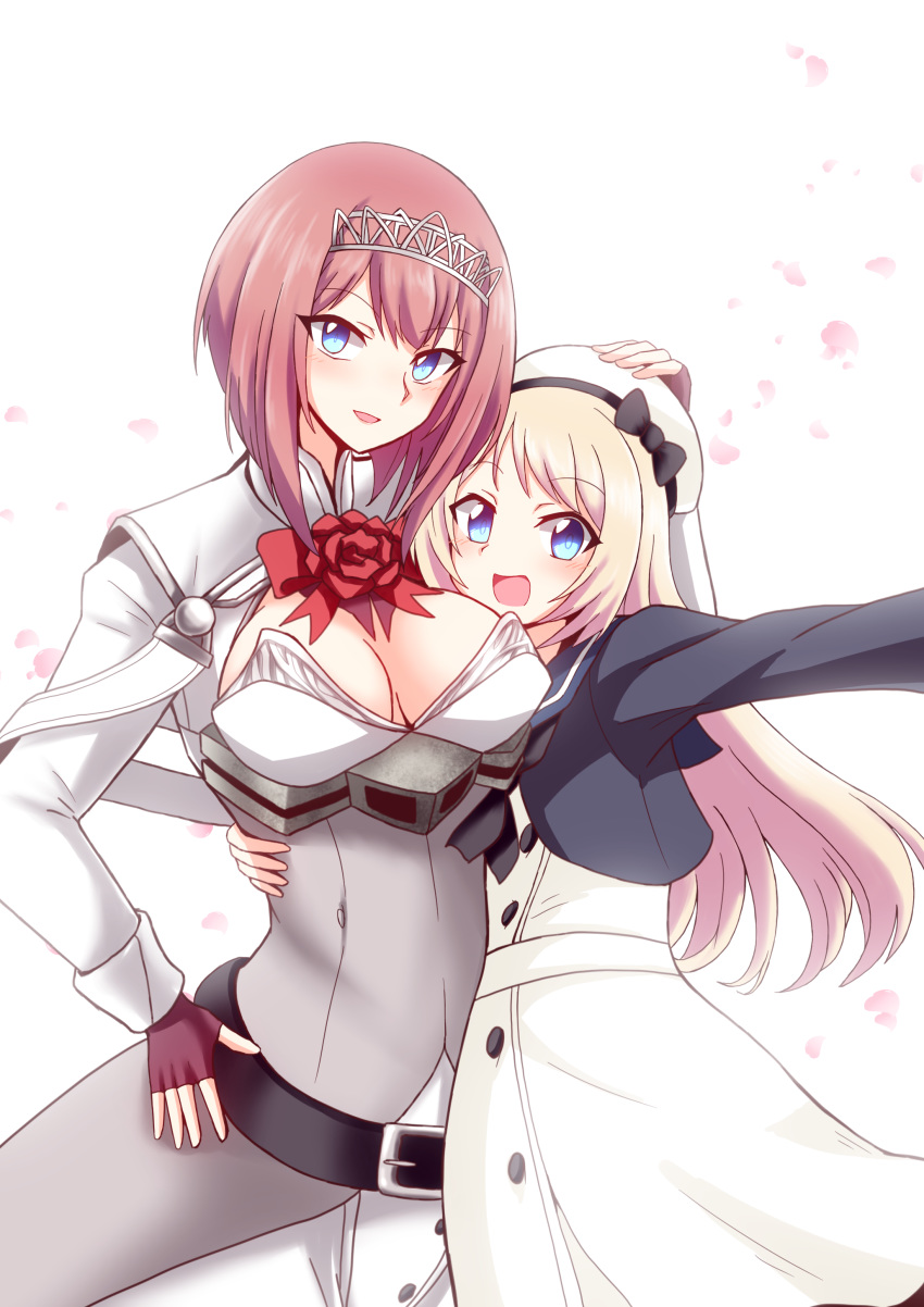 2girls absurdres adapted_costume ark_royal_(kantai_collection) bangs blonde_hair blue_eyes blue_sailor_collar blunt_bangs bob_cut brown_gloves cherry_blossoms cleavage_cutout corset cowboy_shot dress fingerless_gloves flower gloves hairband hand_on_another's_head hat highres jervis_(kantai_collection) kantai_collection long_sleeves looking_at_viewer multiple_girls open_mouth petals red_flower red_hair red_ribbon red_rose ribbon rose sailor_collar sailor_dress sailor_hat short_hair smile suke_(share_koube) tiara white_background white_dress white_gloves white_hat