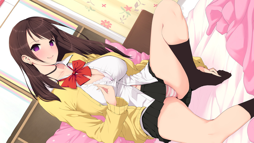 1girl bed bed_sheet black_skirt blush bow bowtie bra breasts brown_hair cleavage earrings feet female hands_on_feet highres jewelry large_breasts legs long_hair looking_at_viewer naughty_face no_shoes panties pink_doragon purple_eyes school_uniform sitting skirt smile socks solo someoka_yusura spread_legs striped striped_panties thighs unbuttoned underwear