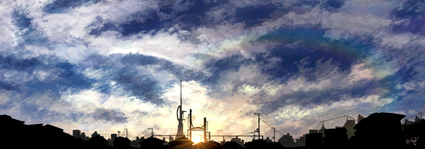 building city cityscape cloud cloudy_sky highres house kumeki_(kk4615) light_rays no_humans original power_lines scenery sky sunlight sunset telephone_pole