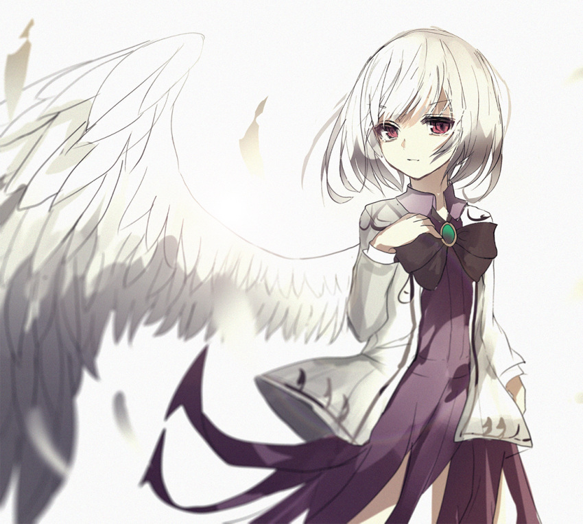 1girl bangs beckzawachi black_bow black_neckwear bow closed_mouth dress eyebrows_visible_through_hair feathered_wings feathers hand_up jacket kishin_sagume long_sleeves open_clothes open_jacket pink_eyes purple_dress short_hair single_wing solo touhou white_background white_hair white_jacket white_wings wings