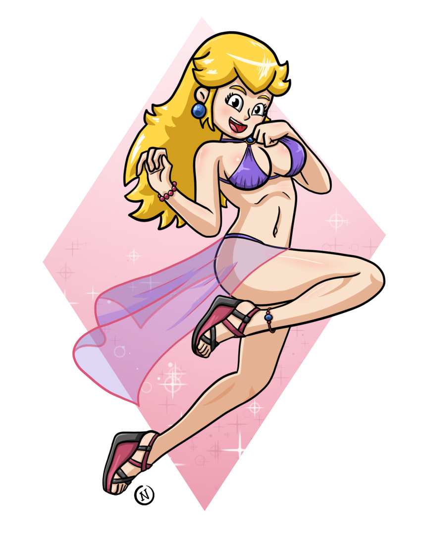 1girl arm_up ass bare_arms bare_legs bare_shoulders bikini blonde_hair breasts earrings high_heels highres jewelry lipstick long_hair looking_at_viewer makeup mario_(series) nintendo open_mouth pink_bikini princess_peach simple_background smile solo super_mario_bros. swimsuit wedge_heels