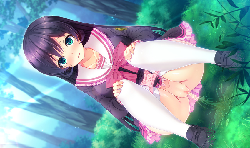 1girl blue_eyes blush censored dutch_angle game_cg kamishiro_aoi kyuuketsu_hime_no_libra libra_of_the_vampire_princess long_hair miyasu_risa onomatope open_mouth outdoors panties panty_pull pee_puddle peeing purple_hair school_uniform solo underwear