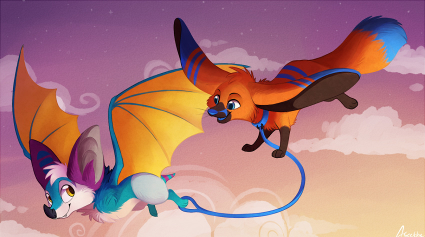 2019 aseethe blue_eyes blue_nose canid canine chiropteran collar digital_media_(artwork) fennec flying fox leash mammal membranous_wings outside sky smile wings yellow_eyes